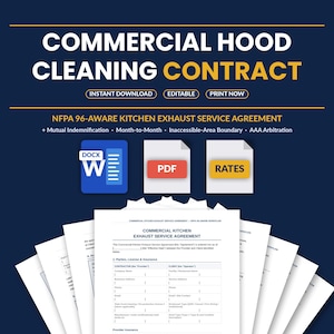 Op de afbeelding: Een professionele sjabloon voor een commercieel contract voor het reinigen van afzuigkappen. Het ontwerp bevat de tekst "Commercial Hood Cleaning Contract" in het wit, met de woorden "Instant Download", "Editable" en "Print Now" in een gele banner. Het document bevat een Word-documentpictogram, een PDF-pictogram en een tarievenpictogram.