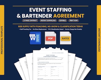 Event Staffing Agreement Template | Bartender & Server Supply Contract | Dram Shop, Tip Pooling and No Show Terms | Editable Word + PDF