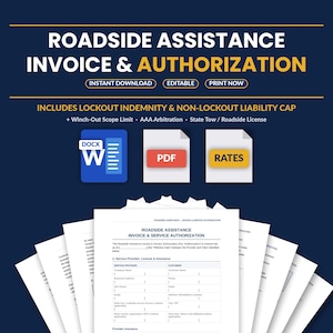 May include: A professional template for roadside assistance invoice and authorization. The design features a dark blue background with yellow accents and the text "Roadside Assistance Invoice & Authorization". Includes DOCX, PDF, and Rates icons.