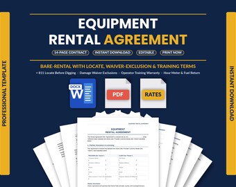 Equipment Rental Agreement Template | Tool & Machine Rental Contract | Damage Waiver, 811 Locate and Return Terms | Word + PDF