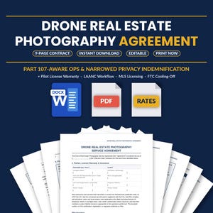 Peut inclure: Graphique bleu foncé avec le texte "DRONE REAL ESTATE PHOTOGRAPHY AGREEMENT". L'image comprend des icônes pour DOCX, PDF et RATES. Le texte comprend également "9-PAGE CONTRACT", "INSTANT DOWNLOAD" et "EDITABLE".