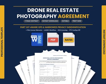 Drone Real Estate Photography Contract Template | Aerial Property Photography Service Agreement | Part 107-Aware Pilot Form | Word & PDF