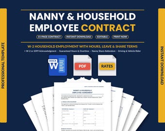 Nanny Contract Template | Household Employee Agreement | W-2 Classification, Guaranteed Hours & Nanny Share Terms | Word + PDF