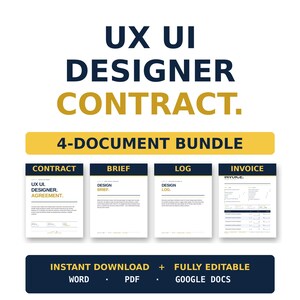 Puede incluir: Un paquete de documentos digitales para diseñadores UX UI. La imagen presenta el texto "UX UI DESIGNER CONTRACT" y "4-DOCUMENT BUNDLE". El paquete incluye un contrato, un resumen, un registro y una factura, disponibles para descarga instantánea.
