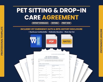 Pet Sitting Contract Template | Dog Walking & Drop-In Care Service Agreement | Veterinary Emergency Authorization | Word PDF