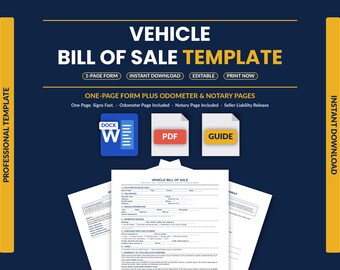 Vehicle Bill of Sale Template | Editable Car & Motorcycle Bill of Sale Form | As Is, Odometer + Notary | Printable Word PDF