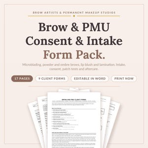 Peut inclure: Un pack de 17 pages de formulaires de consentement et d'admission pour sourcils et maquillage permanent. Comprend 9 formulaires clients pour microblading, sourcils poudrés et ombrés, blush lèvres et lamination, incluant admission, consentement et soins.