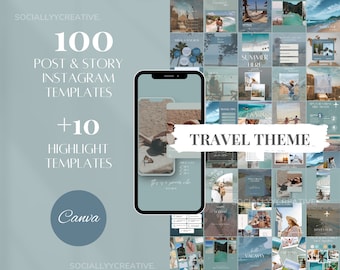 May include: A collection of 100 Instagram post and story templates with a travel theme. The templates are designed in a light blue and white color scheme and feature images of beaches, sunsets, and other travel destinations. The templates are also designed to be used with Canva.