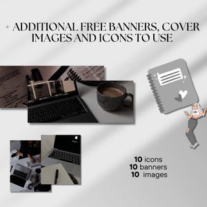 May include: A collage of images showcasing free banners, cover images, and icons for use in design projects. The images include a laptop, a mug, a notebook, and a cartoon illustration of a person.