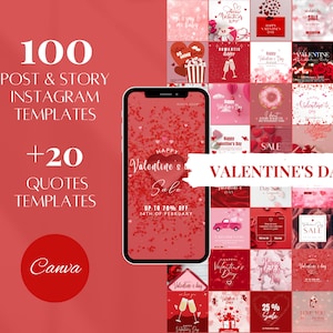 120 Valentines Day Instagram Templates | Red Social Media Templates| Canva Templates| Instagram Post & Story | Love Relationship Friendship