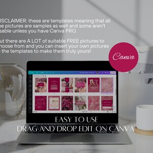May include: A laptop computer screen displaying a Canva design template with a pink floral theme. The text on the screen reads "EASY TO USE DRAG AND DROP EDIT ON CANVA". The Canva logo is visible in the upper right corner of the screen.