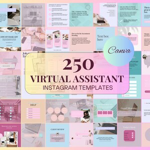 Peut inclure: Un collage de 250 modèles d'Instagram pour les assistants virtuels. Les modèles présentent un schéma de couleurs rose et bleu avec des zones de texte, des graphiques et des images. Le texte "250 modèles d'Instagram pour les assistants virtuels" est affiché en évidence au centre du collage.