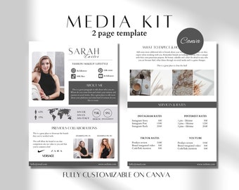 Peut inclure: Un modèle de kit média sur deux pages conçu pour Canva. Le modèle présente un schéma de couleurs noir et blanc avec un design minimaliste. La première page comprend une photo d'une femme, son nom et ses poignées de médias sociaux. La deuxième page comprend des informations sur les services et les tarifs pour Instagram, Pinterest, TikTok et YouTube.