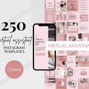 May include: A pink and white digital collage of 250 Instagram templates for virtual assistants. The text "250 virtual assistant INSTAGRAM TEMPLATES Canva" is displayed on the left side of the image. The text "VIRTUALASSISTANT" is displayed in a large font on the right side of the image.