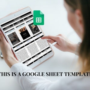 Puede incluir: Una plantilla de hoja de c&aacute;lculo de Google que se muestra en la pantalla de una tableta. La plantilla es para la planificaci&oacute;n de un calendario de contenido e incluye columnas para el d&iacute;a de la semana, el tema, el t&iacute;tulo, un enlace al dise&ntilde;o, la leyenda, los hashtags y las notas.