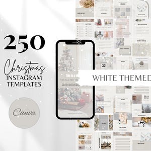 Puede incluir: Anuncio de 250 plantillas de Instagram navideñas, con temática blanca. La imagen presenta una maqueta de smartphone con un árbol de Navidad y ejemplos de plantillas. El logotipo de Canva está presente, con el texto 'WHITE THEMED'.