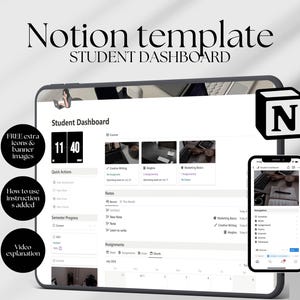 Könnte beinhalten: Ein Screenshot eines Notion-Studenten-Dashboard-Templates mit einem Timer, schnellen Aktionen, Notizen, Semesterfortschritt und Aufgaben. Die Vorlage soll Studenten helfen, organisiert zu bleiben und ihren Studienfortschritt zu verfolgen.