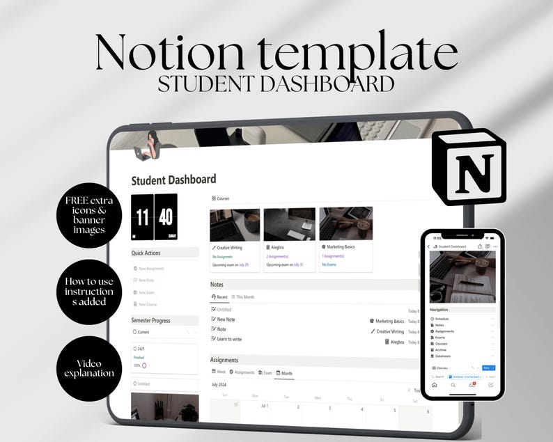 May include: A screenshot of a Notion student dashboard template with a timer, quick actions, notes, semester progress, and assignments. The template is designed to help students stay organized and on track with their studies.