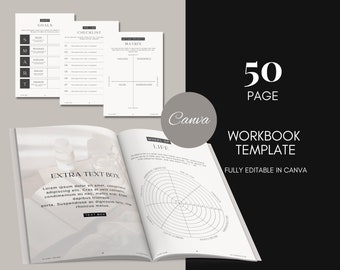 May include: A 50-page workbook template designed for use with Canva. The template features a variety of worksheets, including a goal setting worksheet, a checklist, a matrix, and a wheel of life. The template is fully editable in Canva.