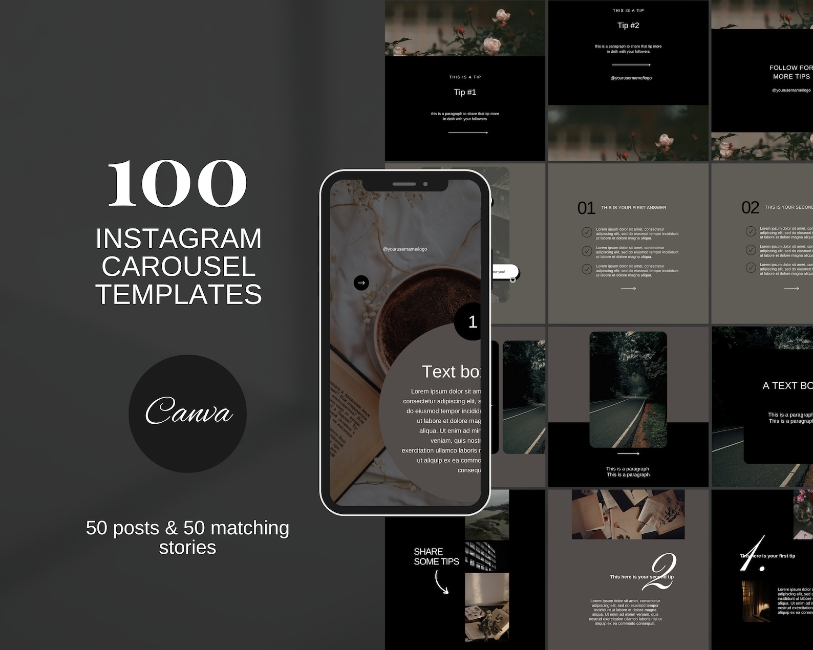 Dark Instagram Carousel Post Templates| Dark Social Media Canva ...