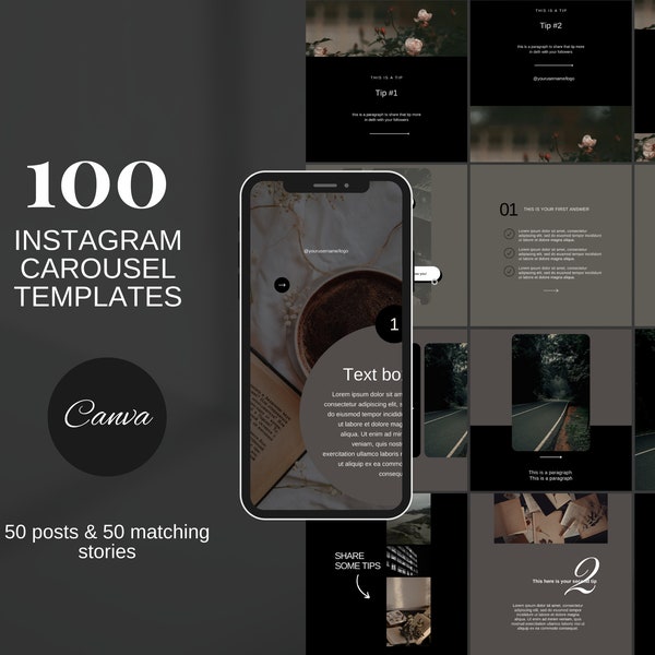 Dunkle Instagram Karussell Post Vorlagen| Dark Social Media Canva Templates| Instagram Post Vorlagen | Dark Black Moody Verlobungsvorlagen