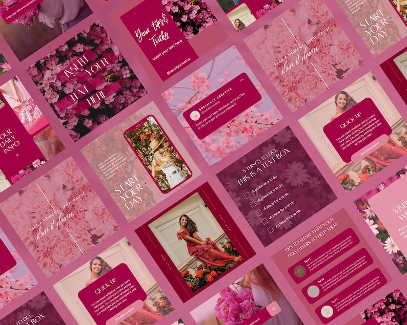 May include: A collage of pink and red Instagram story templates with floral backgrounds and text overlays. The text includes phrases like "Start Your Day", "Quick Tip", "5 Things To Do", and "Tips To Share With Your Followers To Help Them".