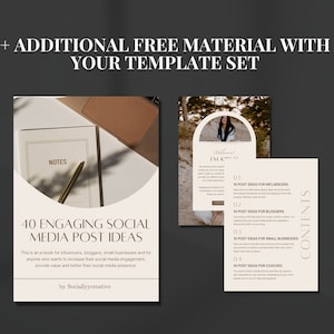 May include: A beige and brown digital download cover with the text "40 Engaging Social Media Post Ideas" and "by Sociallyycreative". The cover also includes a photo of a notebook with a pen on top of it. The cover is for an e-book that provides social media post ideas for influencers, bloggers, small businesses, and coaches.