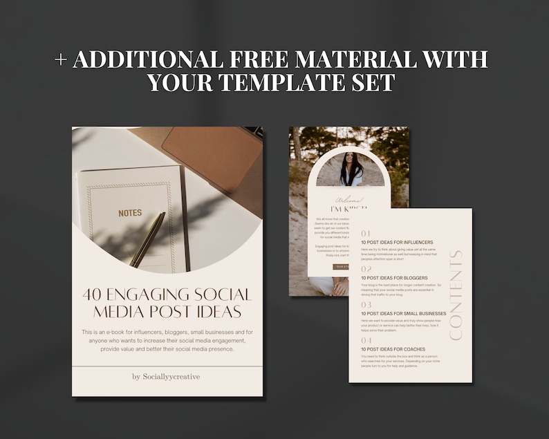 May include: A beige and brown digital download cover with the text "40 Engaging Social Media Post Ideas" and "by Sociallyycreative". The cover also includes a photo of a notebook with a pen on top of it. The cover is for an e-book that provides social media post ideas for influencers, bloggers, small businesses, and coaches.