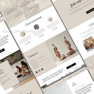 Puede incluir: P&aacute;gina de inicio del sitio web para un estudio de yoga con el texto "Tu salud y bienestar est&aacute;n en tus manos" y una foto de dos personas haciendo posturas de yoga.