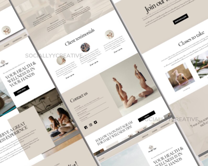 Puede incluir: P&aacute;gina de inicio del sitio web para un estudio de yoga con el texto "Tu salud y bienestar est&aacute;n en tus manos" y una foto de dos personas haciendo posturas de yoga.