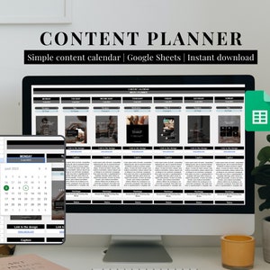 Puede incluir: Una pantalla de ordenador que muestra una hoja de c&aacute;lculo de Google con una plantilla de calendario de contenido. El calendario est&aacute; dise&ntilde;ado para redes sociales e incluye columnas para la fecha, el d&iacute;a de la semana, el tipo de publicaci&oacute;n, la leyenda y el enlace al dise&ntilde;o. Una pantalla m&aacute;s peque&ntilde;a muestra un calendario con la fecha 3 de julio de 2023 resaltada.