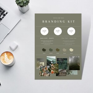 May include: Branding kit with a green background. The kit includes a logo, fonts, color palettes, and mood board images. The logo is a simple handwritten font that says "your logo". The fonts are Arapey and Nixie One. The color palette includes shades of green, brown, and white. The mood board images include a vintage car, a fern, a foggy forest, and a wooden cabin.