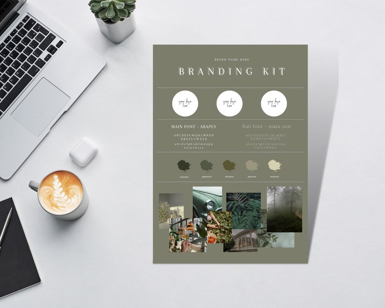 May include: Branding kit with a green background. The kit includes a logo, fonts, color palettes, and mood board images. The logo is a simple handwritten font that says "your logo". The fonts are Arapey and Nixie One. The color palette includes shades of green, brown, and white. The mood board images include a vintage car, a fern, a foggy forest, and a wooden cabin.