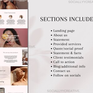 May include: A website mockup for a beauty business with the text "Let's take your skin to the next level!" and "SECTIONS INCLUDED" with a list of website sections including landing page, about us, statement, provided services, quote/social proof, statement & facts, client testimonials, call to action, blog/additional info, contact us, and follow on socials.