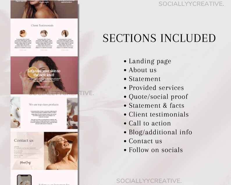 May include: A website mockup for a beauty business with the text "Let's take your skin to the next level!" and "SECTIONS INCLUDED" with a list of website sections including landing page, about us, statement, provided services, quote/social proof, statement & facts, client testimonials, call to action, blog/additional info, contact us, and follow on socials.