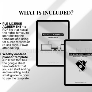 May include: Two black tablets display digital product templates. One tablet shows "PLR License Agreement" with device icons. The other tablet shows "PLR Social Media Planner" with money icons. Text on the image lists included items.