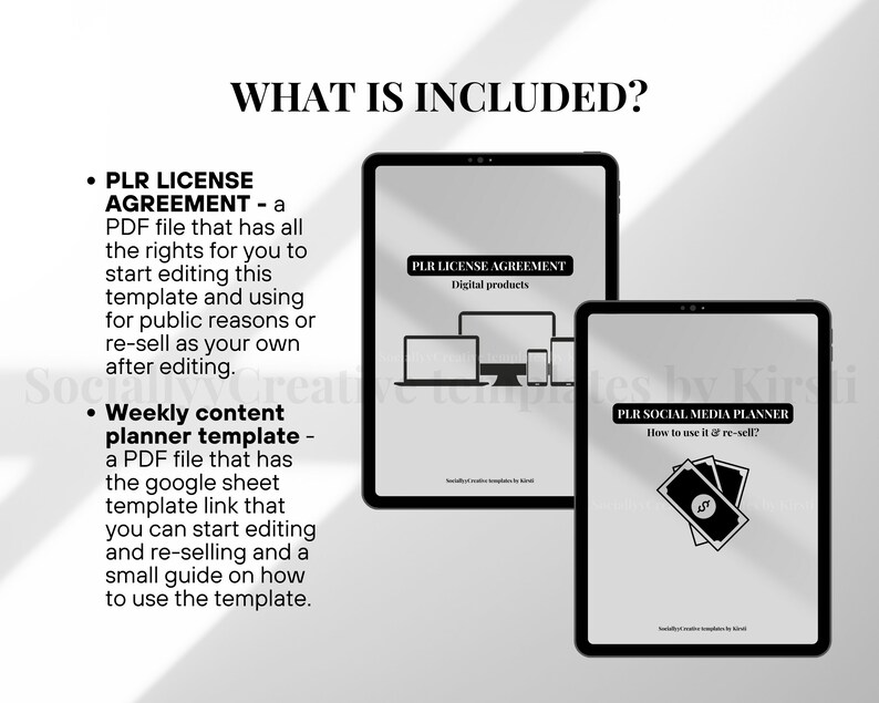 May include: Two black tablets display digital product templates. One tablet shows "PLR License Agreement" with device icons. The other tablet shows "PLR Social Media Planner" with money icons. Text on the image lists included items.