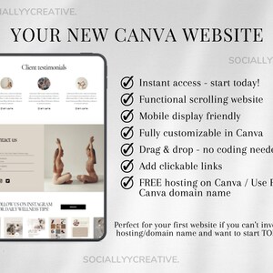 Puede incluir: Una captura de pantalla de una tableta que muestra una maqueta de sitio web con el texto "Your New Canva Website". El sitio web presenta una paleta de colores marr&oacute;n claro con una foto de dos personas en poses de yoga. El sitio web tambi&eacute;n incluye una secci&oacute;n para testimonios de clientes, una secci&oacute;n de contacto y una llamada a la acci&oacute;n para seguir el sitio web en Instagram para obtener consejos diarios sobre bienestar. El texto en el lado derecho de la imagen enumera los beneficios de usar Canva para crear un sitio web, incluido el acceso instant&aacute;neo, el desplazamiento funcional, la visualizaci&oacute;n m&oacute;vil amigable, la personalizaci&oacute;n completa, arrastrar y soltar, agregar enlaces clicables, alojamiento gratuito y nombre de dominio gratuito. El texto en la parte inferior de la imagen dice "Perfecto para tu primer sitio web si no puedes invertir en alojamiento/nombre de dominio y quieres empezar HOY!"