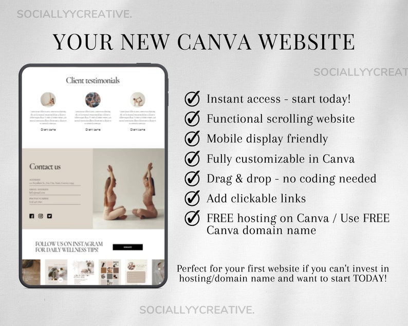 Puede incluir: Una captura de pantalla de una tableta que muestra una maqueta de sitio web con el texto "Your New Canva Website". El sitio web presenta una paleta de colores marr&oacute;n claro con una foto de dos personas en poses de yoga. El sitio web tambi&eacute;n incluye una secci&oacute;n para testimonios de clientes, una secci&oacute;n de contacto y una llamada a la acci&oacute;n para seguir el sitio web en Instagram para obtener consejos diarios sobre bienestar. El texto en el lado derecho de la imagen enumera los beneficios de usar Canva para crear un sitio web, incluido el acceso instant&aacute;neo, el desplazamiento funcional, la visualizaci&oacute;n m&oacute;vil amigable, la personalizaci&oacute;n completa, arrastrar y soltar, agregar enlaces clicables, alojamiento gratuito y nombre de dominio gratuito. El texto en la parte inferior de la imagen dice "Perfecto para tu primer sitio web si no puedes invertir en alojamiento/nombre de dominio y quieres empezar HOY!"