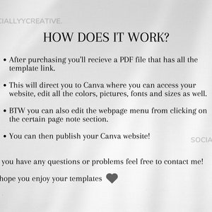 Puede incluir: Una imagen de texto que explica c&oacute;mo usar una plantilla de sitio web de Canva. El texto dice "&iquest;C&Oacute;MO FUNCIONA?" y explica que despu&eacute;s de comprar, recibir&aacute;s un archivo PDF con un enlace a una plantilla de Canva. Luego puedes editar los colores, las im&aacute;genes, las fuentes y los tama&ntilde;os de la plantilla. Tambi&eacute;n puedes editar el men&uacute; de la p&aacute;gina web haciendo clic en la secci&oacute;n de notas de la p&aacute;gina. Finalmente, puedes publicar tu sitio web de Canva.