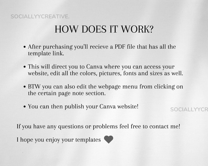Puede incluir: Una imagen de texto que explica c&oacute;mo usar una plantilla de sitio web de Canva. El texto dice "&iquest;C&Oacute;MO FUNCIONA?" y explica que despu&eacute;s de comprar, recibir&aacute;s un archivo PDF con un enlace a una plantilla de Canva. Luego puedes editar los colores, las im&aacute;genes, las fuentes y los tama&ntilde;os de la plantilla. Tambi&eacute;n puedes editar el men&uacute; de la p&aacute;gina web haciendo clic en la secci&oacute;n de notas de la p&aacute;gina. Finalmente, puedes publicar tu sitio web de Canva.