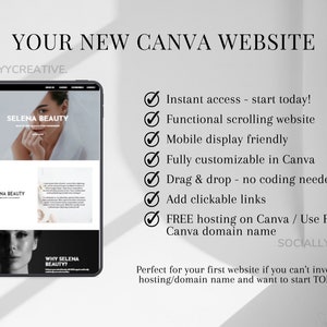 May include: A screenshot of a website built on Canva. The website is for a beauty business called Selena Beauty. The website is mobile-friendly and has a functional scrolling feature. The website is fully customizable in Canva and uses a drag-and-drop interface. The website also includes clickable links and free hosting on Canva.