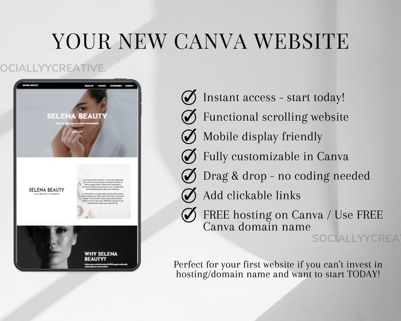May include: A screenshot of a website built on Canva. The website is for a beauty business called Selena Beauty. The website is mobile-friendly and has a functional scrolling feature. The website is fully customizable in Canva and uses a drag-and-drop interface. The website also includes clickable links and free hosting on Canva.