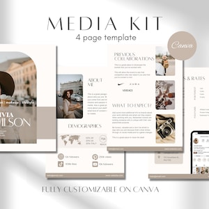 Könnte beinhalten: Eine Media-Kit-Vorlage für eine Influencerin für Mode, Make-up und Lifestyle. Die Vorlage enthält Informationen über die Influencerin, ihre Demografie, frühere Kooperationen und Preise für Dienstleistungen. Die Vorlage ist vollständig anpassbar in Canva.