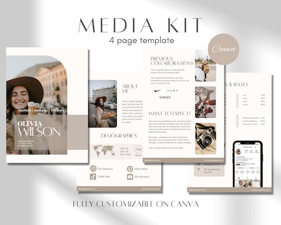 Beige Media Kit Template an Editable Influencer Rate Sheet and Blogger Press Kit for Canva