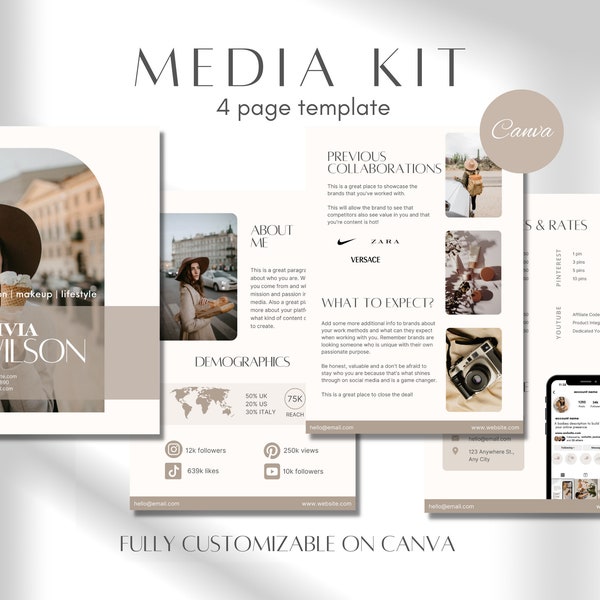 Beige Media Kit Template| 4 Page Editable Media Kit| Influencer Rate Sheet Template| Blogger Press Kit | Facebook Tiktok Instagram Template