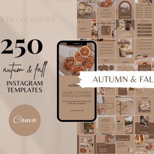 Op de afbeelding: Een verzameling van 250 herfst- en herfst Instagram-sjablonen. Het ontwerp heeft een warm kleurenpalet met afbeeldingen van gedroogde sinaasappels en andere herfstthema-elementen. De tekst bevat "Autumn & Fall".