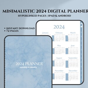 Peut inclure: Un agenda numérique pour 2024 avec un fond en marbre bleu. L'agenda comprend des vues mensuelles et hebdomadaires et est disponible en téléchargement instantané. Il comporte 72 pages et est compatible avec les appareils iPad et Android.
