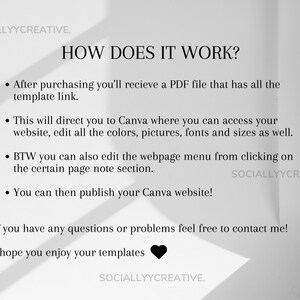 May include: Black and white text on a white background explaining how to use a Canva template. The text reads "HOW DOES IT WORK?" and includes bullet points explaining how to access and edit the template. The text also includes the phrase "SOCIALLYYCREATIVE."