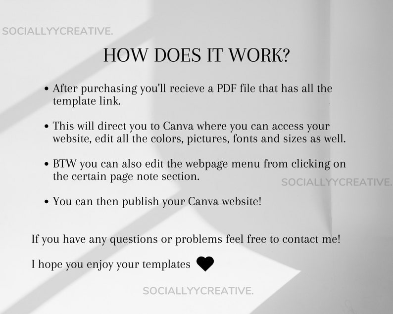 May include: Black and white text on a white background explaining how to use a Canva template. The text reads "HOW DOES IT WORK?" and includes bullet points explaining how to access and edit the template. The text also includes the phrase "SOCIALLYYCREATIVE."